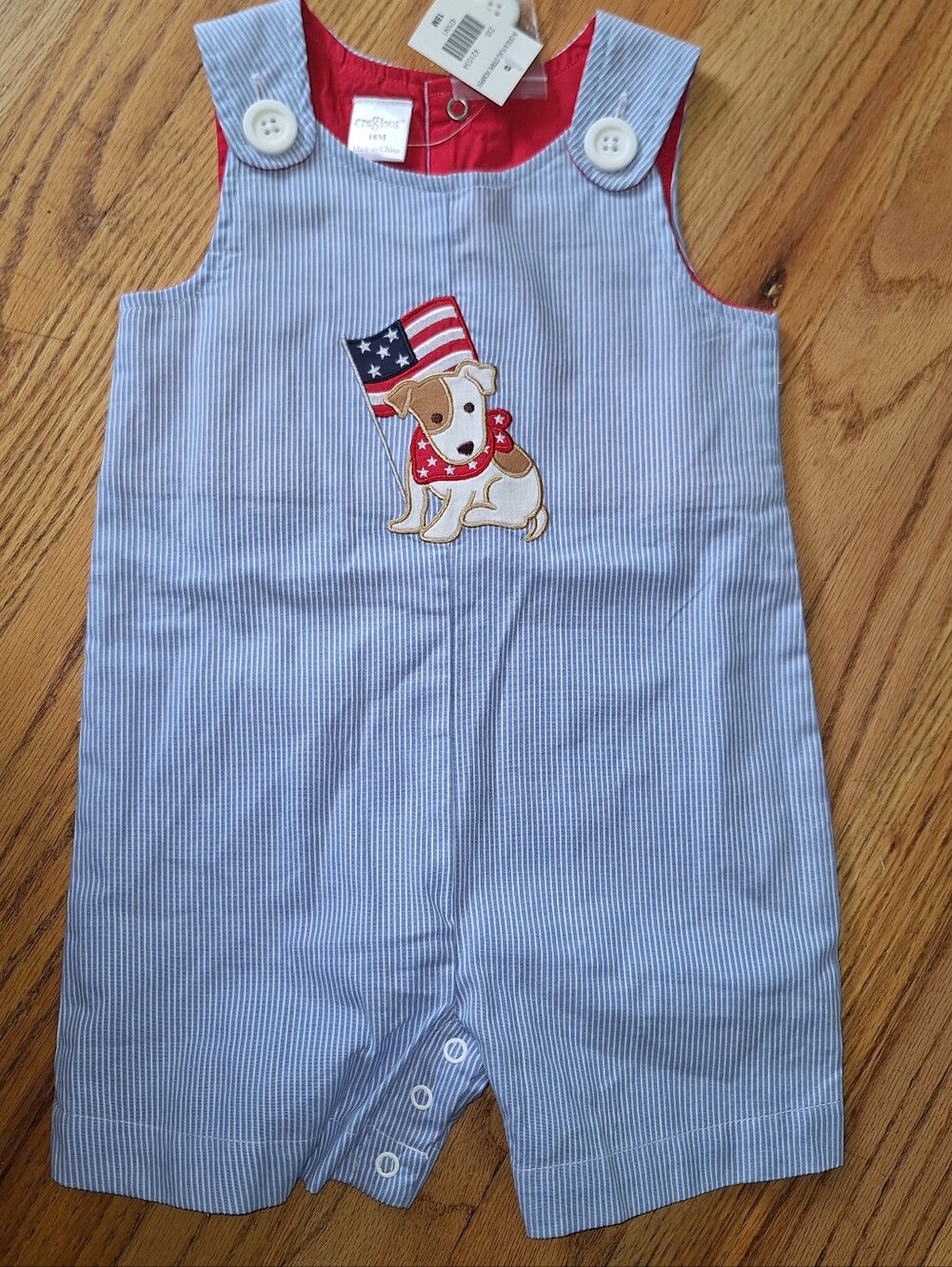 Cre8ions 8M Seersucker Romper Puppy Dog American Flag Blue White NEW Baby Boy